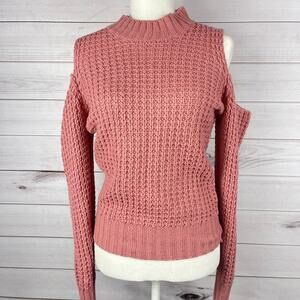 Poof Womens Chunky Knit Cold‎ Shoulder Long Sleeve Pullover Sweater Pink Sz M